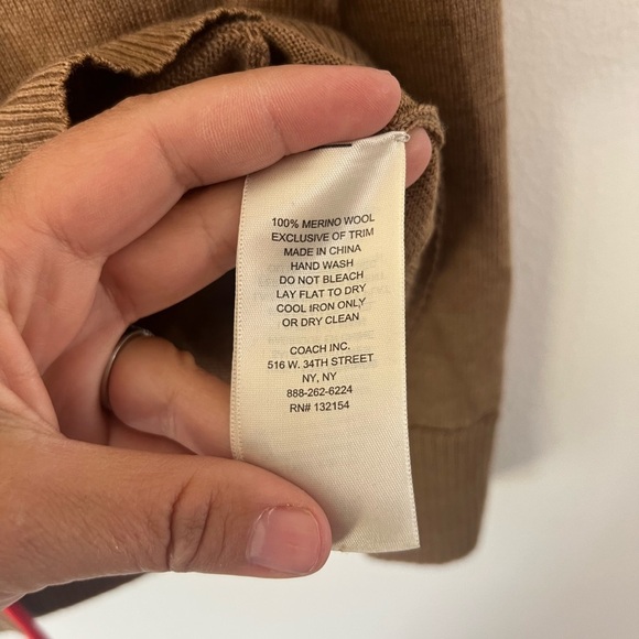 Coach Wool Tan With Red Trim Button-Up V-Neck Knit Cardigan Sweater Size Small - Picture 8 of 8